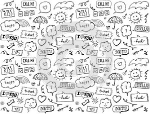 Seamless pattern with omic style elements and speech bubbles, doodle style hand drawn vector illustration