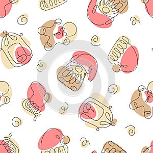 Seamless pattern from one line art Christmas elements. Christmas lantern, gingerbread man, gnome, Christmas hat and stocking.