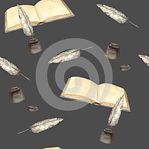 Seamless pattern from open books and feather in an inkwell. Watercolor hand drawn illustration on dark background