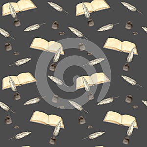 Seamless pattern from open books and feather in an inkwell. Watercolor hand drawn illustration on dark background