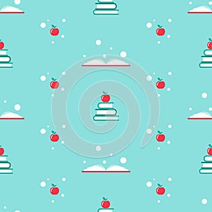 Seamless pattern with open books, stacks and apples on blue background