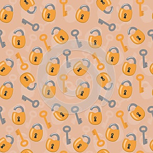 Seamless pattern with open and closed lock and keys