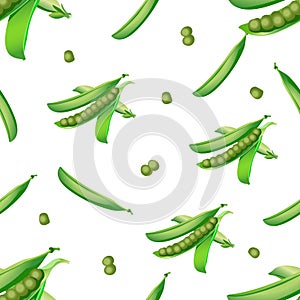 Seamless pattern from open pod of green peas with peas. Vector illustration isolated on white background.