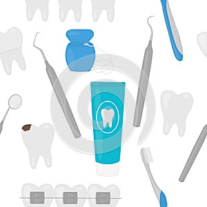 Seamless pattern oral cavity treatment brushing teeth toothpaste toothbrush dental floss vector illustration