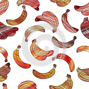 Seamless pattern of orange beautiful bananas isolated on a white background