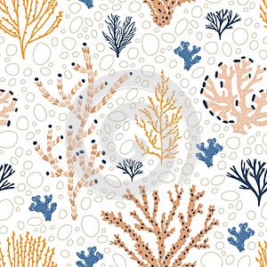 Seamless pattern with orange and blue corals, seaweed and bubbles on white background. Backdrop with exotic underwater
