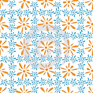 Seamless pattern of orange blue florets petals