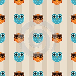 Seamless pattern with orange and blue owls on striped background