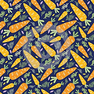 Seamless pattern of orange carrots and greens on a dark blue background. Background of useful vegetables for a healthy diet. Hand