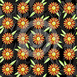 Seamless pattern of orange daisies on a black gray background of harsh figures