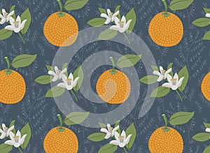 Seamless pattern of orange fruits and blossom on gray botanical textured background