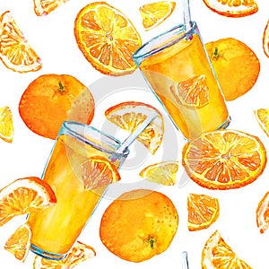 Seamless pattern with orange fruits, slices and juice glasses. Watercolor on white background