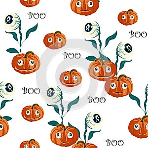 Seamless pattern with orange Halloween pumpkins carved faces and eyed on white background