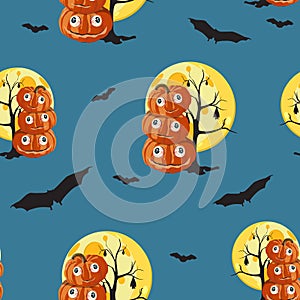 Seamless pattern with orange Halloween pumpkins carved faces, moon and bat on dark blue background.