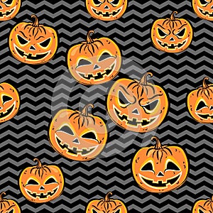 Seamless pattern with orange halloween pumpkins on striped fone photo