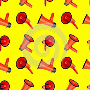 Seamless pattern of orange megaphones on yellow background isolated closeup, loudspeakers backdrop design, loudhailers ornament