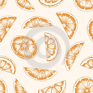 Seamless pattern with orange slices and sections. Endless repeatable fruity design for printing. Hand-drawn detailed