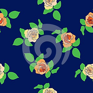 Seamless pattern orange tea roses and green leaves on dark blue background, vector eps 10