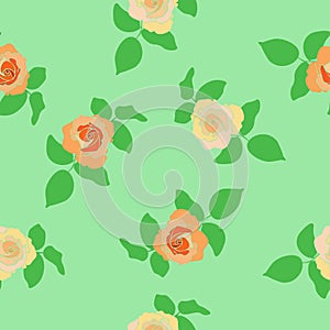 Seamless pattern orange tea roses, leaves on green background. Vintage girly floral print, vector eps 10