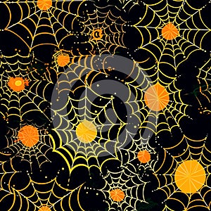 Seamless pattern of orange and yellow Halloween spider webs on black background.