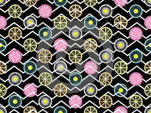 Seamless pattern with oranges, kiwi and lemon. Fruit on a background with zigzag lines. Vector