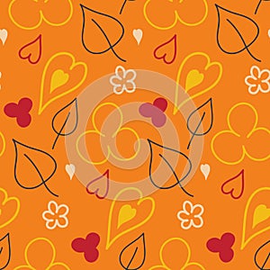 Seamless pattern organic bright heart flower leaf on orange background