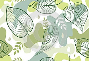 Seamless pattern with organic shape blots in memphis style. Stylish floral painted wallpaper with leaves. Summer nature tile