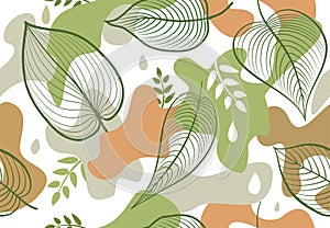 Seamless pattern with organic shape blots in memphis style. Stylish floral painted wallpaper with leaves. Summer nature tile