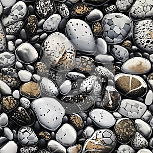 Seamless pattern with organic texture of whimsical pebbles, in grey and beige tones, great for fabrics, textile and backgrounds.