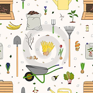 Seamless pattern with organic waste and garden tools. Kitchen scraps, composter, sack with compost. Farming and agriculture. Home