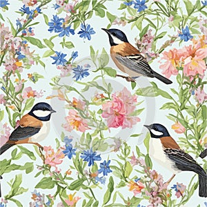 Seamless pattern in oriental style with blooming branches trees and birds