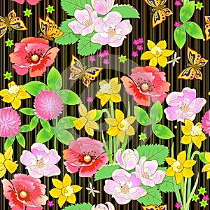 Seamless pattern ornament. Abstract floral background. Luxury picture with summer flowers and butterflies for mural wallpaper,