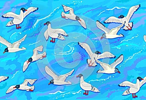 Seamless pattern ornament. Beautiful background with sea waves and flying seagulls. Luxury ornate maritime drawing for mural