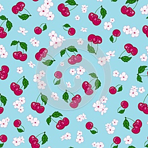 Seamless pattern ornament of berries and cherry blossoms on blue background.