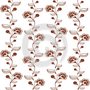 Seamless pattern with ornament of brown henna vertical flowers in indian mehndi style.