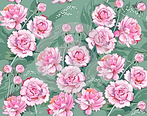 Seamless pattern ornament. Bushes of blooming peonies. Floral vintage background for mural wallpaper, fabric, decoration, clothes