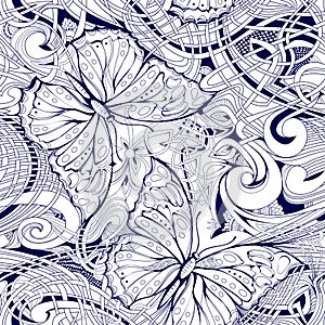 Seamless pattern ornament. Fantasy abstract background. Hand-drawn illustration with floral motifs. Print for fabric, embroidery,