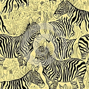 Seamless pattern ornament. Fantasy abstract background. Hand-drawn illustration of stylized zebras. Print for fabric, embroidery,