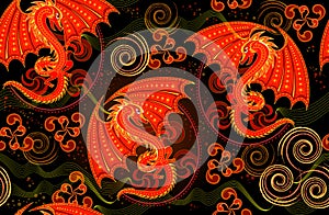 Seamless pattern ornament. Fantasy background with red dragons and ethnic spiral symbol ornaments. Luxury ornate picture for mural