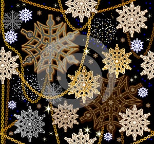 Seamless pattern ornament. Festive holiday wrapping paper. Winter motives with beautiful golden snowflakes. Luxury ornate design
