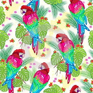 Seamless pattern ornament. Illustration of beautiful parrots in tropical jungle of the rain-forest. Floral vintage background for