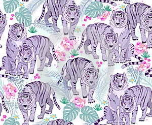 Seamless pattern ornament. Illustration of tigers in jungle. Abstract background with wild tropical nature. Luxury ornate picture