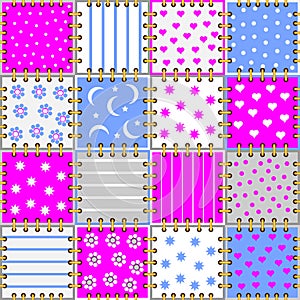 Seamless pattern ornament kids clothes or toys. Background with pieces of colorful fabric sew together.