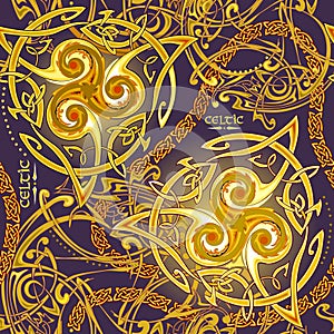 Seamless pattern ornament. Luxury golden background with ancient Celtic triskelion, Celtic knot and triple trickle spiral symbols