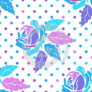 Seamless pattern with ornament of roses and circles in purple,  pink and light blue pink tones on a white background
