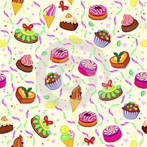 Seamless pattern ornament with tasty cakes and sweets. Beautiful wrapping paper for bakery and pastry shop. Modern print for wall-