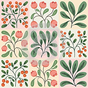 Seamless pattern, ornament, tile with decorative plants, flowers in a set. Vector illustration