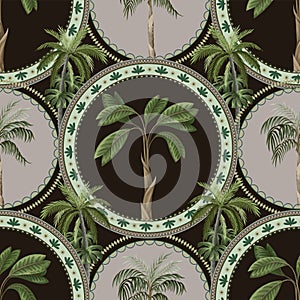 Seamless pattern with ornamental circle and palm trees. Vector.