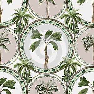 Seamless pattern with ornamental circle and palm trees. Vector.