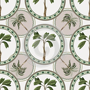 Seamless pattern with ornamental circle and palm trees. Vector.